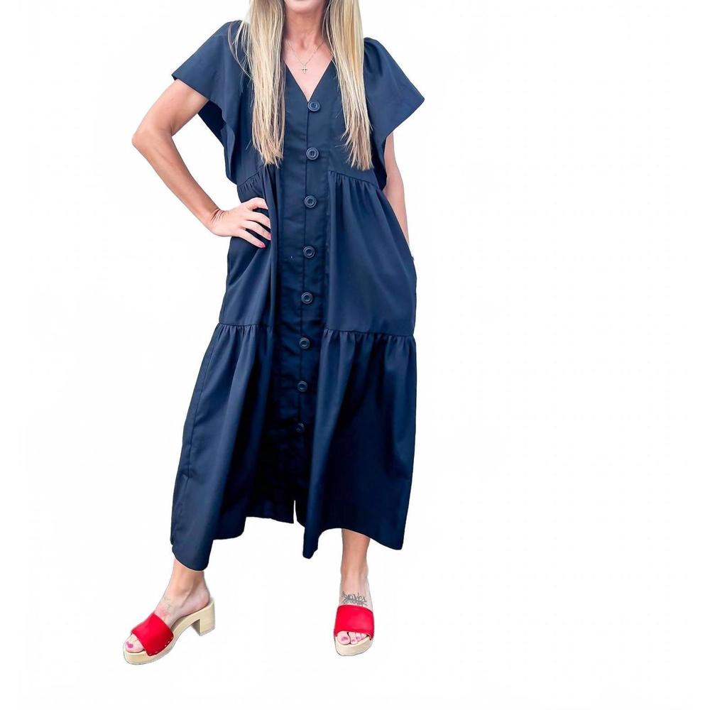 entro Navy Button-Front Midi Dress with Pockets
